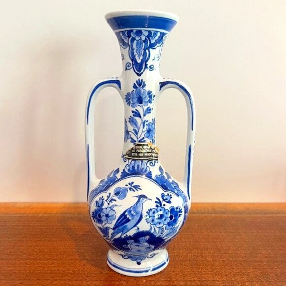 Royal Delft Two-Handled Vase Hand Painted Bird Flowers - Made in Holland